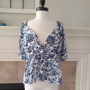 Miami Blue and White Fitted Ruched Blouse
